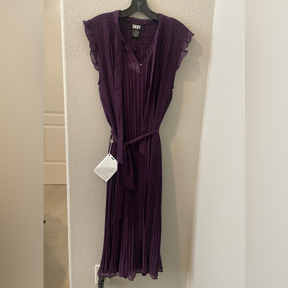 DKNY Tie-neck Pleated Chiffon Midi Dress, Sz 12